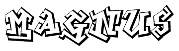 The image is a stylized representation of the letters Magnus designed to mimic the look of graffiti text. The letters are bold and have a three-dimensional appearance, with emphasis on angles and shadowing effects.