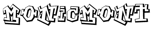 The image is a stylized representation of the letters Monicmont designed to mimic the look of graffiti text. The letters are bold and have a three-dimensional appearance, with emphasis on angles and shadowing effects.