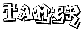 The image is a stylized representation of the letters Tamer designed to mimic the look of graffiti text. The letters are bold and have a three-dimensional appearance, with emphasis on angles and shadowing effects.