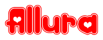 The image is a red and white graphic with the word Allura written in a decorative script. Each letter in  is contained within its own outlined bubble-like shape. Inside each letter, there is a white heart symbol.