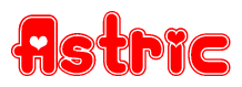 The image is a red and white graphic with the word Astric written in a decorative script. Each letter in  is contained within its own outlined bubble-like shape. Inside each letter, there is a white heart symbol.