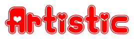 The image is a red and white graphic with the word Artistic written in a decorative script. Each letter in  is contained within its own outlined bubble-like shape. Inside each letter, there is a white heart symbol.