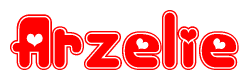 The image is a red and white graphic with the word Arzelie written in a decorative script. Each letter in  is contained within its own outlined bubble-like shape. Inside each letter, there is a white heart symbol.