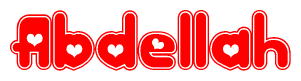 The image displays the word Abdellah written in a stylized red font with hearts inside the letters.