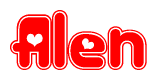 The image is a red and white graphic with the word Alen written in a decorative script. Each letter in  is contained within its own outlined bubble-like shape. Inside each letter, there is a white heart symbol.