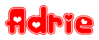The image is a clipart featuring the word Adrie written in a stylized font with a heart shape replacing inserted into the center of each letter. The color scheme of the text and hearts is red with a light outline.