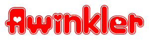 The image is a red and white graphic with the word Awinkler written in a decorative script. Each letter in  is contained within its own outlined bubble-like shape. Inside each letter, there is a white heart symbol.
