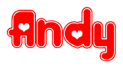 The image is a red and white graphic with the word Andy written in a decorative script. Each letter in  is contained within its own outlined bubble-like shape. Inside each letter, there is a white heart symbol.