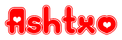 The image is a clipart featuring the word Ashtxo written in a stylized font with a heart shape replacing inserted into the center of each letter. The color scheme of the text and hearts is red with a light outline.