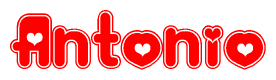 The image is a clipart featuring the word Antonio written in a stylized font with a heart shape replacing inserted into the center of each letter. The color scheme of the text and hearts is red with a light outline.