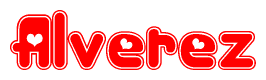 The image is a red and white graphic with the word Alverez written in a decorative script. Each letter in  is contained within its own outlined bubble-like shape. Inside each letter, there is a white heart symbol.