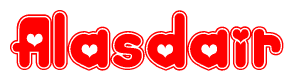 The image is a red and white graphic with the word Alasdair written in a decorative script. Each letter in  is contained within its own outlined bubble-like shape. Inside each letter, there is a white heart symbol.