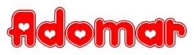 The image is a clipart featuring the word Adomar written in a stylized font with a heart shape replacing inserted into the center of each letter. The color scheme of the text and hearts is red with a light outline.
