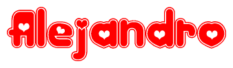 The image is a red and white graphic with the word Alejandro written in a decorative script. Each letter in  is contained within its own outlined bubble-like shape. Inside each letter, there is a white heart symbol.