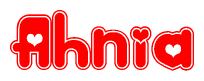 The image is a red and white graphic with the word Ahnia written in a decorative script. Each letter in  is contained within its own outlined bubble-like shape. Inside each letter, there is a white heart symbol.