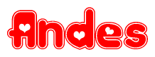 The image is a red and white graphic with the word Andes written in a decorative script. Each letter in  is contained within its own outlined bubble-like shape. Inside each letter, there is a white heart symbol.