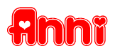 The image is a red and white graphic with the word Anni written in a decorative script. Each letter in  is contained within its own outlined bubble-like shape. Inside each letter, there is a white heart symbol.