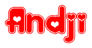 The image displays the word Andji written in a stylized red font with hearts inside the letters.