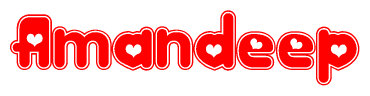 The image is a red and white graphic with the word Amandeep written in a decorative script. Each letter in  is contained within its own outlined bubble-like shape. Inside each letter, there is a white heart symbol.
