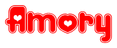 The image is a red and white graphic with the word Amory written in a decorative script. Each letter in  is contained within its own outlined bubble-like shape. Inside each letter, there is a white heart symbol.