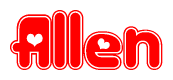 The image is a red and white graphic with the word Allen written in a decorative script. Each letter in  is contained within its own outlined bubble-like shape. Inside each letter, there is a white heart symbol.