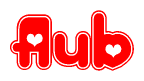 The image displays the word Aub written in a stylized red font with hearts inside the letters.