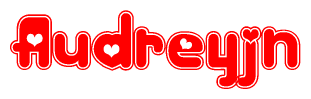 The image is a red and white graphic with the word Audreyjn written in a decorative script. Each letter in  is contained within its own outlined bubble-like shape. Inside each letter, there is a white heart symbol.