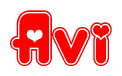 The image is a red and white graphic with the word Avi written in a decorative script. Each letter in  is contained within its own outlined bubble-like shape. Inside each letter, there is a white heart symbol.