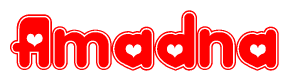 The image displays the word Amadna written in a stylized red font with hearts inside the letters.