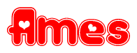 The image is a red and white graphic with the word Ames written in a decorative script. Each letter in  is contained within its own outlined bubble-like shape. Inside each letter, there is a white heart symbol.