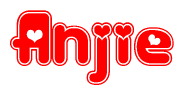 The image is a clipart featuring the word Anjie written in a stylized font with a heart shape replacing inserted into the center of each letter. The color scheme of the text and hearts is red with a light outline.