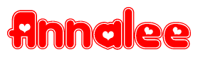 The image is a red and white graphic with the word Annalee written in a decorative script. Each letter in  is contained within its own outlined bubble-like shape. Inside each letter, there is a white heart symbol.