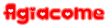 The image is a clipart featuring the word Agiacome written in a stylized font with a heart shape replacing inserted into the center of each letter. The color scheme of the text and hearts is red with a light outline.