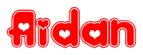 The image is a clipart featuring the word Aidan written in a stylized font with a heart shape replacing inserted into the center of each letter. The color scheme of the text and hearts is red with a light outline.