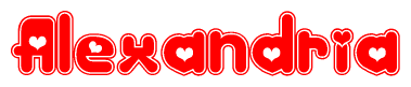 The image is a red and white graphic with the word Alexandria written in a decorative script. Each letter in  is contained within its own outlined bubble-like shape. Inside each letter, there is a white heart symbol.