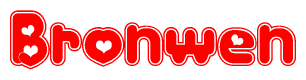 The image is a clipart featuring the word Bronwen written in a stylized font with a heart shape replacing inserted into the center of each letter. The color scheme of the text and hearts is red with a light outline.