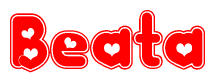 The image is a clipart featuring the word Beata written in a stylized font with a heart shape replacing inserted into the center of each letter. The color scheme of the text and hearts is red with a light outline.