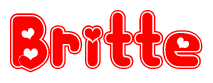 The image is a clipart featuring the word Britte written in a stylized font with a heart shape replacing inserted into the center of each letter. The color scheme of the text and hearts is red with a light outline.