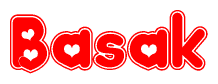 The image is a red and white graphic with the word Basak written in a decorative script. Each letter in  is contained within its own outlined bubble-like shape. Inside each letter, there is a white heart symbol.