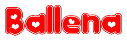 The image is a red and white graphic with the word Ballena written in a decorative script. Each letter in  is contained within its own outlined bubble-like shape. Inside each letter, there is a white heart symbol.