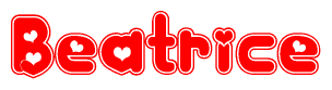 The image is a red and white graphic with the word Beatrice written in a decorative script. Each letter in  is contained within its own outlined bubble-like shape. Inside each letter, there is a white heart symbol.