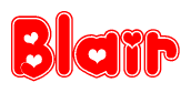 The image is a red and white graphic with the word Blair written in a decorative script. Each letter in  is contained within its own outlined bubble-like shape. Inside each letter, there is a white heart symbol.