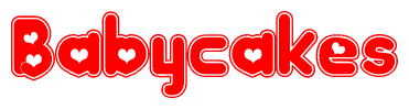 The image is a red and white graphic with the word Babycakes written in a decorative script. Each letter in  is contained within its own outlined bubble-like shape. Inside each letter, there is a white heart symbol.