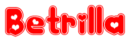 The image is a clipart featuring the word Betrilla written in a stylized font with a heart shape replacing inserted into the center of each letter. The color scheme of the text and hearts is red with a light outline.