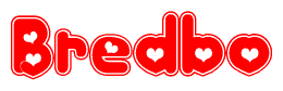 The image is a clipart featuring the word Bredbo written in a stylized font with a heart shape replacing inserted into the center of each letter. The color scheme of the text and hearts is red with a light outline.