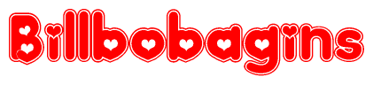 The image is a clipart featuring the word Billbobagins written in a stylized font with a heart shape replacing inserted into the center of each letter. The color scheme of the text and hearts is red with a light outline.