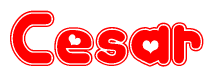 The image is a red and white graphic with the word Cesar written in a decorative script. Each letter in  is contained within its own outlined bubble-like shape. Inside each letter, there is a white heart symbol.