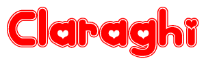 The image is a red and white graphic with the word Claraghi written in a decorative script. Each letter in  is contained within its own outlined bubble-like shape. Inside each letter, there is a white heart symbol.