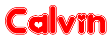 The image is a red and white graphic with the word Calvin written in a decorative script. Each letter in  is contained within its own outlined bubble-like shape. Inside each letter, there is a white heart symbol.