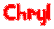 The image is a red and white graphic with the word Chryl written in a decorative script. Each letter in  is contained within its own outlined bubble-like shape. Inside each letter, there is a white heart symbol.